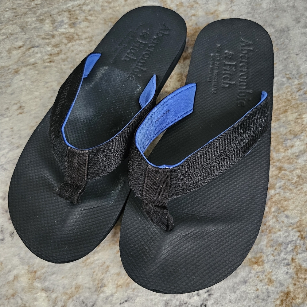 Abercrombie & Fitch Rubber Flip Flops Canvas Thongs Black Blue Lined Women's 10